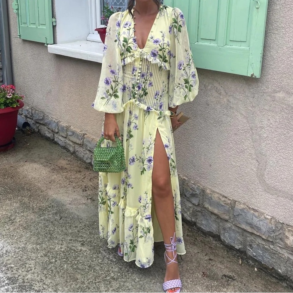 ASOS DESIGN Yellow Floral Maxi Dress with Slit & Open Back | Size 4